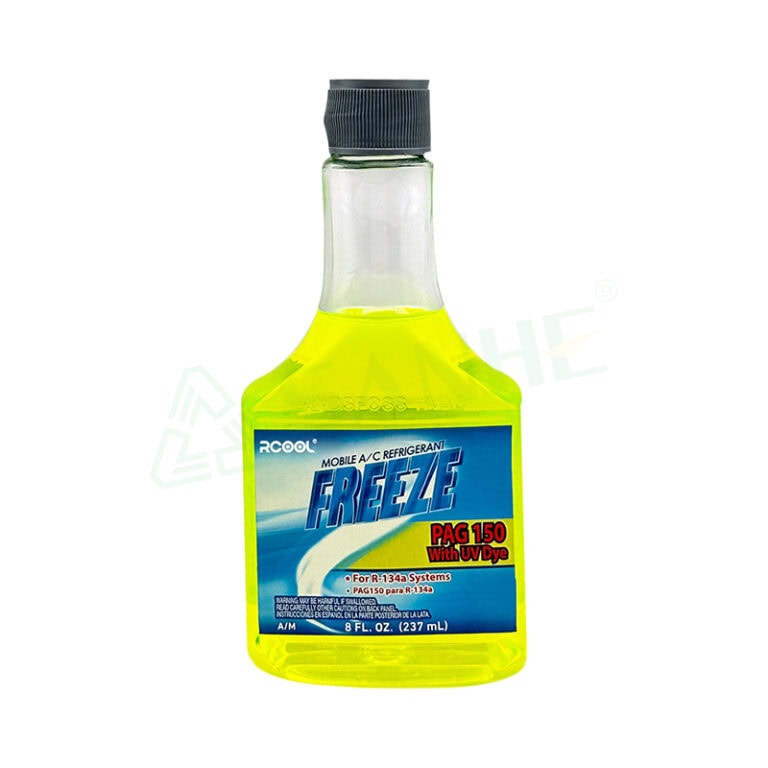 Yellow refrigerant oil bottle with UV dye for HVAC systems, labeled 'Freeze' and 'PAG 150' for refrigerant maintenance and leak detection.